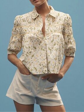 ANTHROPOLOGIE Maeve Leandra Floral Shirred Yoke Blouse Cottagecore Twee Daisy XL